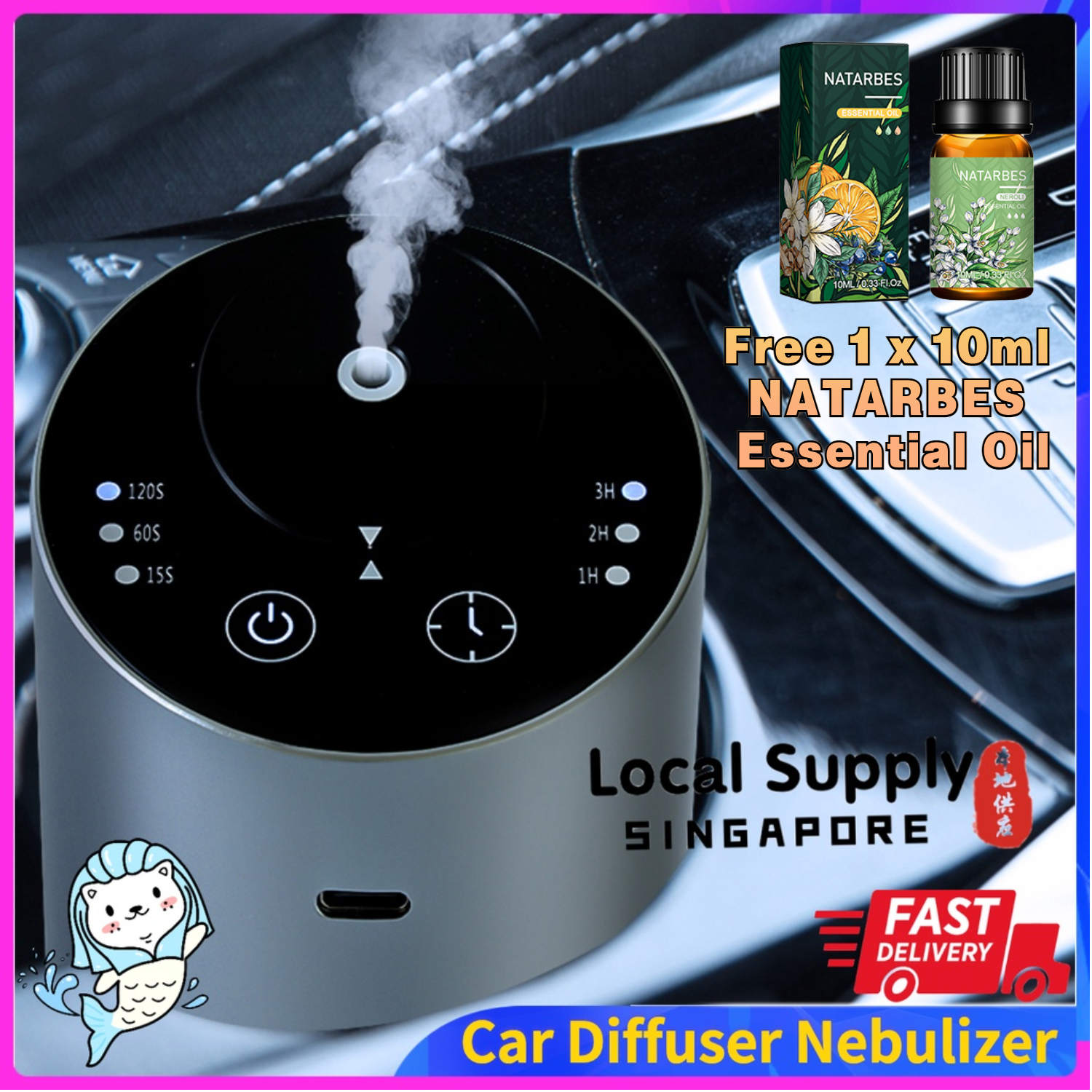 Car Diffuser Nebulizer Aluminium Rechargeable Car Humidifier for Essential Oil Fragrance Aroma Aromatherapy Diffuser for Car Home  | SG LOCAL STOCK