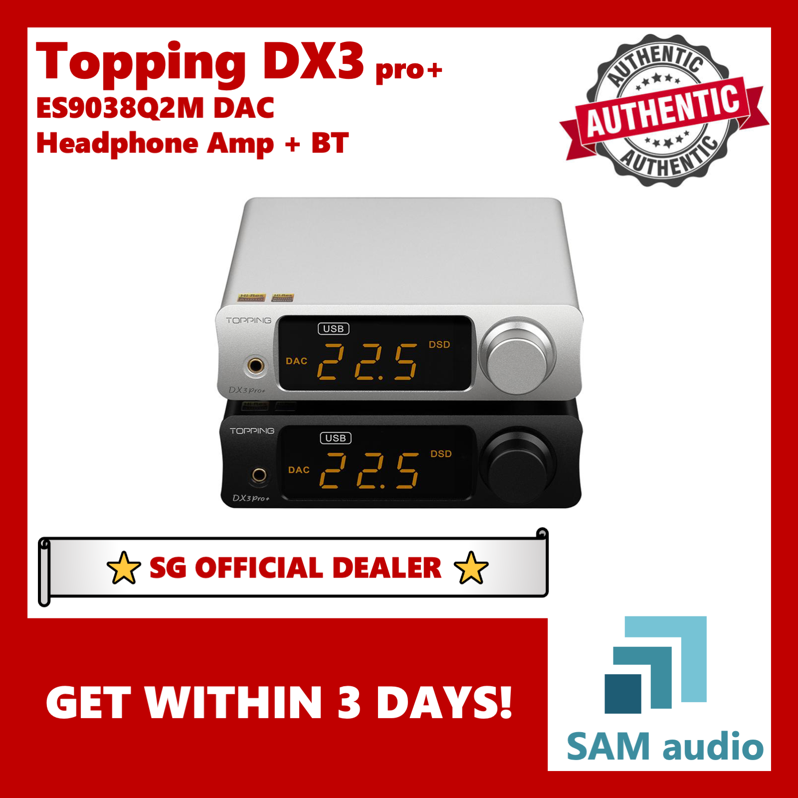 [?SG] TOPPING DX3 Pro+ , ES9038Q2M DAC, NFCA Headphone Amplifier, 250mW into 300ohm, Hi-Res Wireless QCC5125 BT, Hifi Audio (DX3PRO+)