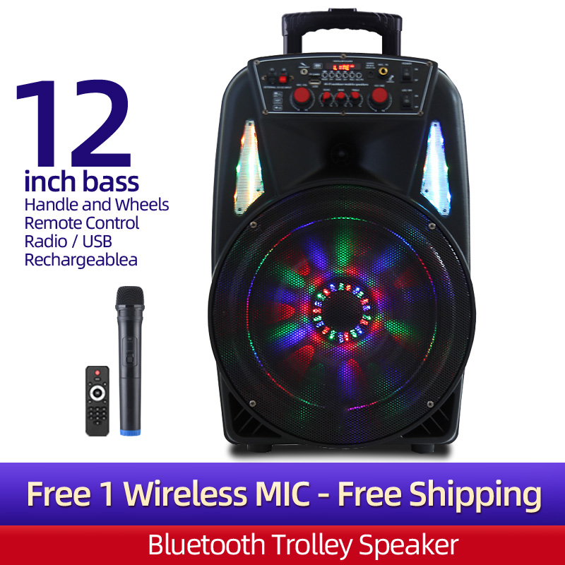 12 Inch Portable Trolley Speaker Karaoke + Wireless Mic(Choose) Outdoor Bluetooth PA System Street Performances Square Dance Move Retractable Handle, Wheels,USB Audio Input